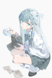  1girl absurdres bandaid blue_eyes blue_hair blue_nails bow bowtie camera closed_mouth collared_shirt commission earrings hair_ornament hairclip highres holding jewelry long_hair long_sleeves looking_at_viewer original peng_mie plaid_clothes plaid_skirt school_uniform shirt shoes simple_background skirt smile socks solo squatting virtual_youtuber white_shirt white_socks 