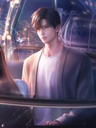  1boy 3d aerial_fireworks black_hair blurry brown_eyes brown_hair building car_interior cardigan city city_lights ferris_wheel fireworks game_asset highres long_sleeves looking_outside love_and_deepspace male_focus night non-web_source official_art open_cardigan open_clothes protagonist_(love_and_deepspace) realistic reflection self-datamine shirt short_hair sitting sky solo white_shirt window zayne_(love_and_deepspace) 