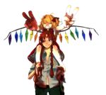  ankle_grab barefoot blood blue_eyes bruise carrying dirty dirty_feet flandre_scarlet foreshortening hachimillion hong_meiling injury multiple_girls shoulder_carry simple_background smile the_embodiment_of_scarlet_devil touhou v 