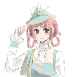  1girl blue_hat blue_vest blunt_bangs braid braided_hair_rings brown_eyes buttons center_frills chinese_commentary clearsky_symphony_(infinity_nikki) closed_mouth collared_shirt commentary_request dot_nose frilled_shirt_collar frilled_sleeves frilled_vest frills hair_rings hand_on_headwear happy hat highres infinity_nikki light_blush long_sleeves nikki_(nikki) nikki_(series) pink_hair shako_cap shirt short_hair sidelocks simple_background sleeve_cuffs sleeves_past_wrists smile solo two-tone_headwear upper_body vest white_background white_hat white_shirt yaza901798 