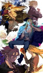  2boys arm_tattoo blonde_hair blue_eyes brown_hair candy cigarette command_spell commentary_request daybit_sem_void fate/grand_order fate_(series) floating_clothes floating_hair food green_shirt halo hand_up highres holding holding_candy holding_food jewelry kanamuna looking_ahead looking_at_viewer male_focus multiple_boys multiple_expressions multiple_views necklace shirt sitting sunglasses tattoo tezcatlipoca_(fate) tezcatlipoca_(first_ascension)_(fate) tezcatlipoca_(third_ascension)_(fate) violet_eyes white_shirt 