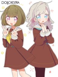  2girls aqua_neckerchief black_pantyhose blue_eyes blush bob_cut brown_dress brown_hair ceras_yanagida_lilienfeld col_person commentary dollchestra dress feet_out_of_frame grey_hair group_name hair_ribbon hasu_no_sora_school_uniform highres inverted_bob kachimachi_kosuzu long_hair long_sleeves looking_at_viewer love_live! love_live!_hasu_no_sora_jogakuin_school_idol_club medium_dress multiple_girls neckerchief notice_lines own_hands_together pantyhose pink_eyes pink_ribbon pleated_dress ribbon sailor_collar sailor_dress school_uniform short_hair side_ahoge sparkle star_(symbol) untranslatable_commentary virtual_youtuber white_sailor_collar winter_uniform yellow_neckerchief 