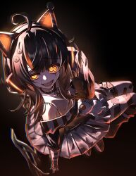  1girl absurdres ahoge animal_ear_headphones animal_ears asymmetrical_legwear asymmetrical_sleeves bandaid bandaid_on_leg bare_shoulders bat_wings black_background black_choker black_hair black_nails black_shoes black_sweater cat_ear_headphones cat_ears choker commentary_request cross-laced_clothes cross-laced_dress dress extra_pupils eyeball_hair_ornament fake_animal_ears hand_on_headphones headphones highres layered_dress leg_belt long_sleeves looking_at_viewer loose_socks mahou_shoujo_no_majo_saiban multicolored_hair nail_polish off-shoulder_sweater off_shoulder open_mouth orange_eyes orange_nails osumoudosukoitv sawatari_coco sharp_teeth shirt shoes short_hair simple_background single_bare_shoulder single_thighhigh skirt skull socks solo spoilers streaked_hair striped_clothes striped_sleeves striped_thighhighs stuffed_animal stuffed_cat stuffed_toy sweater teeth thigh-highs white_shirt white_skirt wide_sleeves wings witch_(manosaba) 
