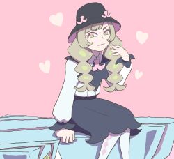  1girl avalugg bags_under_eyes black_hat black_skirt braid bright_pupils closed_mouth commentary_request fingernails grey_hair hat heart lips long_sleeves mijinko_(barabadge) mismatched_eyebrows multicolored_eyes nail_polish pantyhose pink_background pink_nails pokemon pokemon_(anime) pokemon_(creature) pokemon_horizons pokemon_hunter_leader_(pokemon_hz035) shirt simple_background sitting skirt smile solo_focus twin_braids twintails two-tone_eyes v-shaped_eyebrows white_pantyhose white_pupils white_shirt 