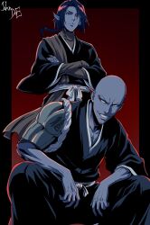  2boys armor ayasegawa_yumichika bald black_border black_hair black_hakama bleach bleach:_sennen_kessen-hen blue_eyes border braid braided_ponytail closed_mouth commentary_request crossed_arms facial_mark feet_out_of_frame frown grin hair_ornament hakama highres japanese_clothes long_hair long_sleeves looking_at_viewer low_ponytail madarame_ikkaku male_focus multiple_boys nose obi official_style outside_border ponytail red_background sanpaku sash shoulder_armor signature simple_background smile squatting standing v-shaped_eyebrows white_sash wide_sleeves wing_hair_ornament zipy-zip-zip06 
