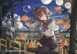  1girl architecture black_sailor_collar black_skirt black_thighhighs blue_sky brown_hair commentary_request fish flying_fish goldfish highres kirihara_aki looking_at_viewer medium_hair moon original parted_lips pleated_skirt pointy_ears sailor_collar school_uniform serafuku skirt sky solo thigh-highs underwear white_serafuku 