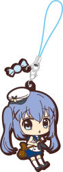  1girl animal_print bag black_outline blue_eyes blue_hair blue_neckerchief blue_sailor_collar blue_shoes blue_shorts brown_bag buttons candy_wrapper charm_(object) chestnut_mouth chibi double-breasted full_body gochuumon_wa_usagi_desu_ka? hair_ornament hat holding holding_bag kafuu_chino kneehighs long_hair looking_at_viewer neckerchief official_art open_mouth outline peaked_cap rabbit_print sailor_collar sailor_hat shirt shoes shorts shoulder_bag sleeveless sleeveless_shirt socks solo standing twintails white_background white_hat white_shirt white_socks x_hair_ornament 