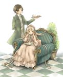  blonde_hair book butler checkered checkered_floor cup gosick gown hairband kujou_kazuya lolita_fashion long_hair macaron no_nose pipe plant short_hair sitting striped sweets tablet very_long_hair victorian victorica_de_blois victorique_de_broix 