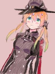  1girl 26_(sister_freedom) anchor_hair_ornament blonde_hair blush breasts brown_background closed_mouth commentary_request cross eyelashes green_eyes hair_between_eyes hair_ornament hat highres iron_cross jacket kantai_collection long_hair long_sleeves medium_breasts military_uniform peaked_cap prinz_eugen_(kancolle) procreate_(medium) simple_background solo twintails 