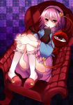  absurdres ass aura bad_id blush cat couch hairband highres kneehighs komeiji_satori pigeon-toed pigeon_toed pink_eyes pink_hair short_hair shromann sitting slippers smile solo third_eye touhou 