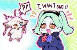  !? 1girl abby_(wuthering_waves) black_jacket blue_eyes colored_sclera colored_skin commentary_request cyberpunk:_edgerunners cyberpunk_(series) english_text green_hair hands_up headgear heterochromia jacket long_hair long_sleeves looking_at_another mono_mon open_mouth orange_eyes rebecca_(cyberpunk) red_eyes red_sclera twintails wuthering_waves 