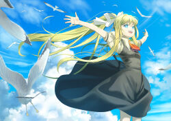  1girl :d air_(visual_novel) ascot bird black_dress blonde_hair blue_eyes blue_sky bon_bon_eee clouds collared_shirt commentary_request cowboy_shot dress from_side hair_between_eyes hair_ribbon highres kamio_misuzu korean_commentary long_hair long_sidelocks looking_ahead open_mouth outstretched_arms pinafore_dress ponytail red_ascot ribbon seagull shirt sidelocks sky sleeveless sleeveless_dress smile solo spread_arms standing teeth upper_teeth_only very_long_hair white_ribbon white_shirt 