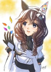  1girl animal_ears asymmetrical_gloves black_gloves black_sweater blush braid braided_sidelocks brown_hair commentary_request curren_bouquetd'or_(racing)_(umamusume) curren_bouquetd'or_(umamusume) dress ear_covers elbow_gloves funaya_sakichi gloves grey_eyes hair_between_eyes hairband highres horse_ears horse_girl long_hair low_twin_braids mismatched_ear_covers mismatched_gloves multicolored_hair open_mouth sidelocks solo streaked_hair sweater twin_braids umamusume upper_body very_long_braid white_dress white_gloves white_streaks 