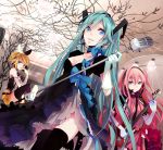  aqua_hair blonde_hair blue_eyes elbow_gloves gloves hair_ribbon hatsune_miku headset instrument kagamine_rin megurine_luka microphone microphone_stand multiple_girls musou_yuchi pink_hair ribbon thighhighs vocaloid 