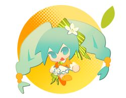  1girl aqua_eyes aqua_hair boots chibi chibi_only copyright_request dress dress_flower flower food fruit hair_flower hair_ornament hatsune_miku jacket long_hair looking_at_viewer open_mouth orange_(fruit) orange_boots orange_jacket solo ssbaby thigh_boots twintails very_long_hair vocaloid white_dress white_flower 