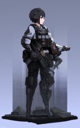  1girl absurdres black_hair bulletproof_vest cityscape commentary cqcnorthfish first_aid_kit gloves gun h&amp;k_mp7 headphones highres mechanical_arms mechanical_legs no_feet original short_hair submachine_gun tactical_clothes weapon 