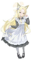  1girl absurdres alternate_costume animal_ears apron blonde_hair blue_archive bluerabi9 breasts clothes_lift fox_ears fox_girl halo highres long_hair looking_at_viewer maid maid_apron maid_headdress pantyhose seia_(blue_archive) simple_background skirt skirt_lift small_breasts solo v white_apron white_background white_headdress white_pantyhose yellow_eyes yellow_halo 