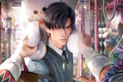  1boy 1girl 3d bag black_eyes black_hair black_necktie brown_eyes collared_shirt crane_game game_asset highres holding holding_stuffed_toy indoors long_sleeves looking_at_viewer love_and_deepspace male_focus necktie non-web_source official_art pov pov_hands self-datamine shirt short_hair solo_focus stuffed_animal stuffed_toy sweater teddy_bear upper_body white_shirt zayne_(love_and_deepspace) 