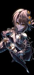  1girl absurdres aiguillette black_background black_coat black_gloves blonde_hair closed_mouth coat commentary_request curtained_hair diamond_hair_ornament epaulettes full_body gloves hair_ornament hasumi_leia high_collar highres holding holding_sword holding_weapon long_sleeves looking_at_viewer mahou_shoujo_no_majo_saiban osumoudosukoitv parted_bangs rapier sash scabbard sheath short_hair shoulder_sash simple_background solo sword weapon yellow_eyes 