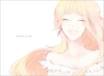  bare_shoulders blonde_hair breasts cleavage closed_eyes eyes_closed happy jewelry long_hair macross macross_frontier miz0725 open_mouth sheryl_nome simple_background single_earring smile solo 