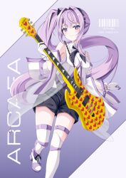  1girl absurdres ai-chan_(arcaea) arcaea barcode bare_shoulders black_leotard black_neckerchief black_shorts closed_mouth collared_shirt copyright_name covered_navel cowboy_shot crop_top detached_sleeves gloves guitar highres holding holding_guitar holding_instrument hoshihan_hoshi_han instrument leotard long_hair long_sleeves looking_at_viewer neckerchief ponytail purple_hair shirt shoes shorts sleeveless sleeveless_shirt smile solo thigh-highs thigh_strap violet_eyes white_gloves white_shirt white_shoes white_sleeves white_thighhighs wide_sleeves 