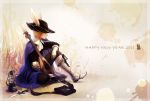  2011 animal_ears bad_id blonde_hair boots brooch bunny_ears cape dagger gloves hat instrument jewelry lamp lute lute_(instrument) male new_year oil_lamp original pouch sitting solo tachikawa_mushimaro weapon 