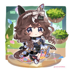  1girl animal_ears asymmetrical_footwear asymmetrical_gloves blush braid braided_sidelocks brown_hair checkered_collar closed_mouth curren_bouquetd'or_(racing)_(umamusume) curren_bouquetd'or_(umamusume) deformed dress ear_covers elbow_gloves gloves gold_embroidery grey_eyes hair_between_eyes hair_ornament hairband horse_ears horse_girl horse_tail long_hair looking_at_viewer low_twin_braids mismatched_ear_covers mismatched_footwear mismatched_gloves multicolored_hair partially_hairless_tail red_buttons sidelocks smile solo streaked_hair tail twin_braids twitter_username umamusume white_streaks yomohira 