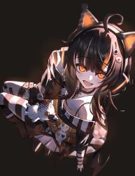  1girl absurdres ahoge animal_ear_headphones animal_ears asymmetrical_legwear asymmetrical_sleeves bandaid bandaid_on_leg bare_shoulders bat_wings belt black_background black_choker black_hair black_sweater cat_ear_headphones cat_ears choker commentary_request cross-laced_clothes cross-laced_dress dress eyeball_hair_ornament fake_animal_ears hand_on_headphones headphones highres layered_dress leg_belt long_sleeves looking_at_viewer loose_socks mahou_shoujo_no_majo_saiban multicolored_hair off-shoulder_sweater off_shoulder open_mouth orange_eyes osumoudosukoitv sawatari_coco sharp_teeth shirt short_hair simple_background single_bare_shoulder single_thighhigh skirt skull slit_pupils socks solo streaked_hair striped_clothes striped_sleeves striped_thighhighs stuffed_animal stuffed_cat stuffed_toy sweater teeth thigh-highs white_shirt white_skirt wide_sleeves wings 