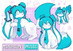  1girl :3 anger_vein aqua_fur aqua_necktie blue_sclera character_name colored_sclera eevee fusion hatsune_miku headphones highres multiple_views musical_note necktie no_humans number_tattoo parody poke_ball pokemon pokemon_(creature) sillypuffypaw sparkle star_(symbol) tattoo twintails two-tone_fur vocaloid white_eyes white_fur 