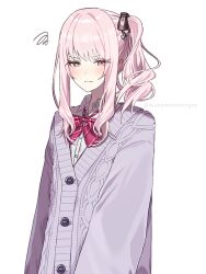  1other akiyama_mizuki blush bow bowtie buttons cable_knit cardigan closed_mouth collared_shirt commentary_request diagonal-striped_bow diagonal-striped_bowtie diagonal-striped_clothes dot_nose embarrassed hair_ribbon highres kamiyama_high_school_uniform_(project_sekai) long_sleeves looking_at_viewer other_focus pink_bow pink_bowtie pink_eyes pink_hair project_sekai purple_cardigan ribbon school_uniform shirt side_ponytail sidelocks simple_background solo squiggle striped_bow striped_bowtie striped_clothes tsukemononingen twitter_username upper_body white_background white_shirt 