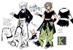  1boy black_jacket blue_eyes brown_hair closed_mouth clothes_around_waist commentary english_commentary english_text green_pants half_updo highres jacket jacket_around_waist kevin_(synthesizer_v) looking_at_viewer medium_hair multiple_views pants rice_deity smile synthesizer_v torn_clothes torn_pants white_background wrist_guards 