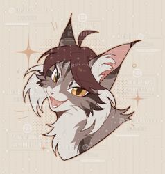  :d ahoge animal animal_focus animal_with_hair brown_hair cat commission cropped_shoulders fangs flat_color fluffy highres looking_at_viewer mihuashi_commission no_humans open_mouth original short_hair simple_background smile solo sparkle tabby_cat too_many_watermarks watermark xian_luobu_ou_jiehun_bot yellow_background yellow_eyes 