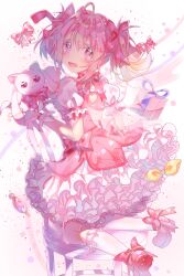  1girl ahoge blush bow box bubble_skirt chair commentary_request dress frilled_skirt frilled_sleeves frilled_socks frills full_body gift gift_box hair_between_eyes hair_bow highres kaname_madoka kaname_madoka_(magical_girl) kneehighs kyubey looking_at_viewer magical_girl mahou_shoujo_madoka_magica mahou_shoujo_madoka_magica_(anime) open_mouth petticoat pink_bow pink_dress pink_eyes pink_hair puffy_short_sleeves puffy_sleeves red_shoes sakuya_no_aotori shoes short_dress short_hair short_sleeves short_twintails skirt socks twintails white_skirt white_socks 