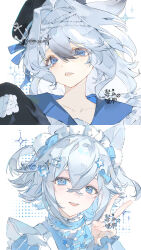  1girl absurdres animal_ears blue_eyes blue_hair hair_ornament hat highres looking_at_viewer maid_headdress original peng_mie short_hair v virtual_youtuber 