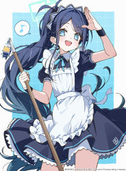  1girl :d apron aris_(blue_archive) aris_(maid)_(blue_archive) arm_up black_dress black_hair blue_archive blue_eyes commentary_request dress frills green_halo halo highres holding holding_mop keikonics long_hair maid maid_apron maid_headdress mop neck_ribbon ponytail ribbon short_sleeves smile solo very_long_hair wristband 