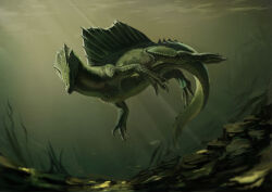  absurdres animal animal_focus commentary_request dinosaur english_commentary full_body highres ikasamahideo mixed-language_commentary no_humans original scenery solo spinosaurus underwater 
