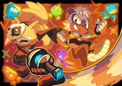  2girls animal_nose blue_wisp_(sonic) brown_fur chest_fur closed_eyes commentary cyan_wisp_(sonic) english_commentary fang fingerless_gloves furry furry_female furry_with_furry gloves grey_fur holding holding_weapon lemur_ears lemur_girl lemur_tail mask mask_on_head multicolored_fur multiple_girls orange_wisp_(sonic) purple_wisp_(sonic) shirt shoes sonic_(series) sonic_the_hedgehog_(idw) steel-toe_boots tail tangle_the_lemur variable_wispon very_long_tail weapon whisper_the_wolf wisp_(sonic) wispon wolf_girl wolf_tail yellow_fur yellow_shirt yellow_shoes yellow_wisp_(sonic) zhampy 