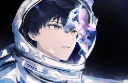  1boy absurdres aemeath_(wuthering_waves) black_hair commentary english_commentary game_screenshot_inset helmet highres kumah_dessu male_focus male_rover_(wuthering_waves) parted_lips portrait rover_(wuthering_waves) screenshot_inset signature sky solo space_helmet star_(sky) starry_sky wuthering_waves yellow_eyes 
