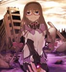  akemi_homura alternate_hairstyle black_hair desert_eagle glasses gun handgun kaname_madoka long_hair mahou_shoujo_madoka_magica minazuki_randoseru multiple_girls oudanhodou pantyhose pistol pov purple_eyes red-framed_glasses ruins sad soul_gem spoilers tears violet_eyes weapon 