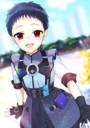  1girl alternate_hair_length_(shorter) azaka_(pipponao) black_gloves black_hair blue_shirt blue_skirt blurry blurry_background blush commentary_request commission eyelashes fingerless_gloves gloves highres neptune_(series) open_mouth pixie_cut pixiv_commission reaching reaching_towards_viewer red_eyes shirt short_hair short_sleeves skirt smile solo suspenders uni_(neptunia) very_short_hair 