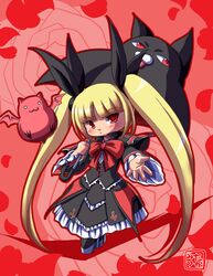  :3 blazblue blonde_hair blush bow cat creature cross devil dress gii hair_ribbon long_hair nago o_o oborogumo_takamitsu outstretched_hand petals rachel_alucard red_eyes ribbon tongue twintails umbrella 