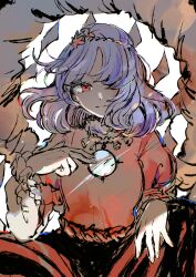 1girl black_skirt closed_mouth commentary_request hair_ornament hair_over_one_eye highres layered_sleeves leaf leaf_hair_ornament long_sleeves looking_at_viewer maple_leaf medium_hair mirror mozukuzu_(manukedori) onbashira purple_hair red_eyes red_shirt rope shide shimenawa shirt short_over_long_sleeves short_sleeves skirt smile solo touhou yasaka_kanako 