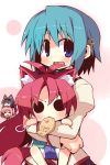  ahoge akemi_homura amagi_nanateru animal_ears black_hair blue_eyes blue_hair cat_ears food hair_ornament hairclip highres hug kaname_madoka kemonomimi_mode long_hair mahou_shoujo_madoka_magica miki_sayaka mouth_hold pink_hair sakura_kyouko short_hair taiyaki tenjou_nanaki wagashi 