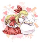  blonde_hair blush candy cat closed_eyes culter dress ellen flower hair_ribbon heart hug red_dress ribbon smile sokrates_(touhou) solo touhou touhou_(pc-98) 