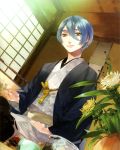  blue_hair bowl brown_eyes chrysanthemum flower japanese_clothes kanakubo_homare kimono light sitting smile solo starry_sky_(game) yukata 