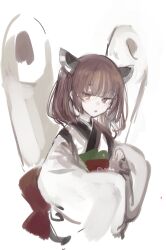  1girl absurdres brown_hair commentary cropped_torso expressionless headgear highres ikuhana_niiro japanese_clothes jitome kimono kiritanpo_(food) long_sleeves looking_at_viewer medium_hair obi obiage open_mouth oversized_food oversized_object red_eyes sash simple_background solo touhoku_kiritan twintails untranslatable_commentary upper_body voiceroid white_background white_kimono wide_sleeves 