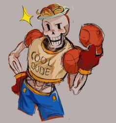  1boy 2025 2d alternate_costume baseball_cap blue_shorts clothes_writing commentary contrapposto digital_media english_commentary food food_on_head gloves grey_background hamtonn hand_on_hip hat hip_bones holding holding_hat humanoid looking_at_viewer male male_focus male_only monster monster_boy official_alternate_costume papyrus_(undertale) pasta plate plate_on_head red_gloves shorts simple_background skeleton sketch solo spaghetti sparkle spine tank_top teeth undead undertale utdr_(toby_fox) yellow_tank_top 