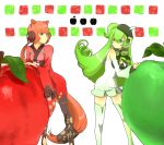  apple creamyya dress food fruit green highres long_hair macloid macne_nana multiple_girls nekomura_iroha red very_long_hair vocaloid 