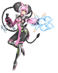  1girl absurdres akiman arm_cannon armor commentary_request exposed_internal_machinery firing full_armor full_body green_eyes highres looking_at_viewer original pelvic_curtain robot_girl simple_background solo vent_(object) weapon white_background 