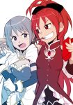  blue_hair bow cape detached_sleeves gloves grin hair_bow long_hair mahou_shoujo_madoka_magica miki_sayaka mouth_hold pocky ponytail red_eyes red_hair redhead sakura_kyouko shatou_(c-com) short_hair smile 